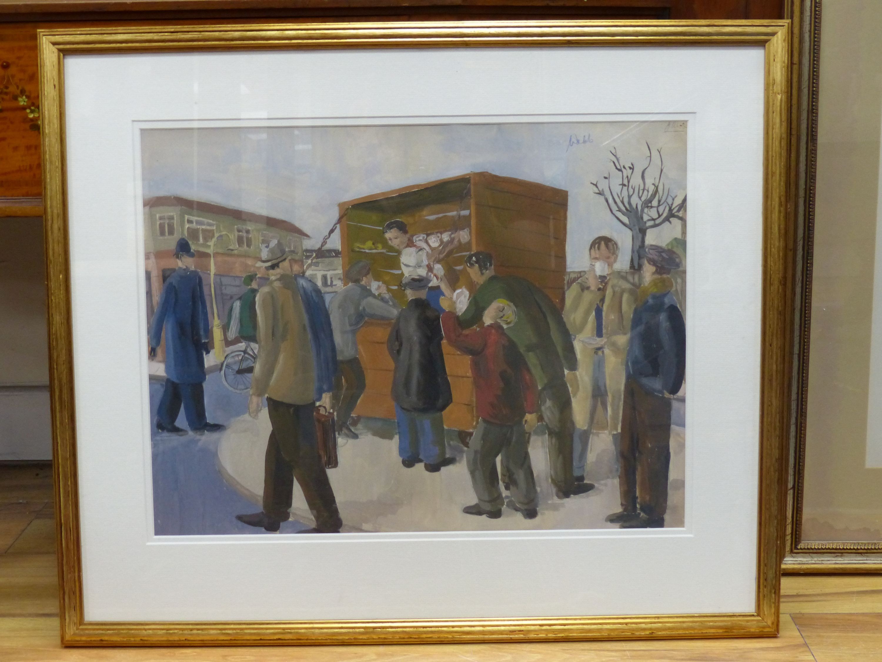 G. Webb (Modern British), watercolour and gouache, Workmen's Tea Break, signed, 36 x 47cm